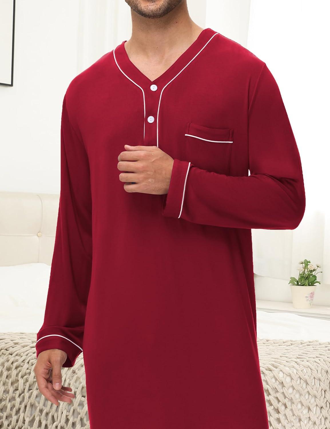 imageSWOMOG Mens Nightshirt Long Sleeve Nightgown Soft Loose Sleepwear Lightweight Nightwear Comfy Henley Sleep Shirt M3XLWine Red
