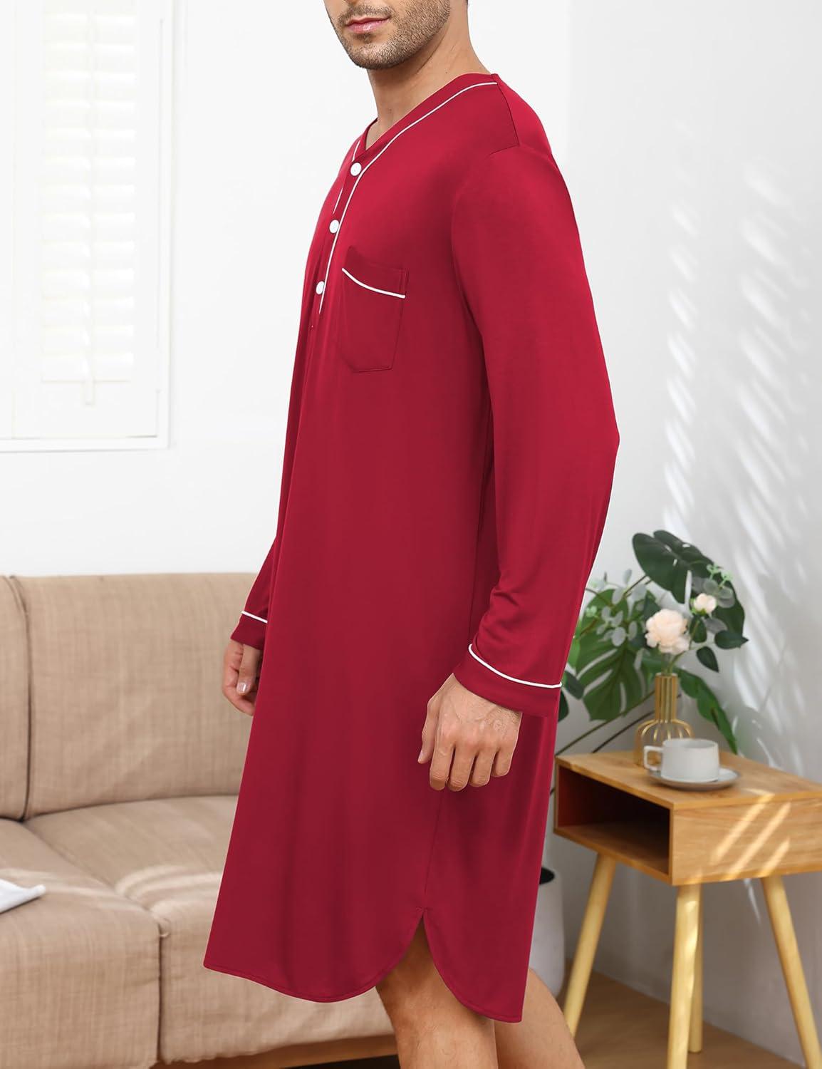 imageSWOMOG Mens Nightshirt Long Sleeve Nightgown Soft Loose Sleepwear Lightweight Nightwear Comfy Henley Sleep Shirt M3XLWine Red