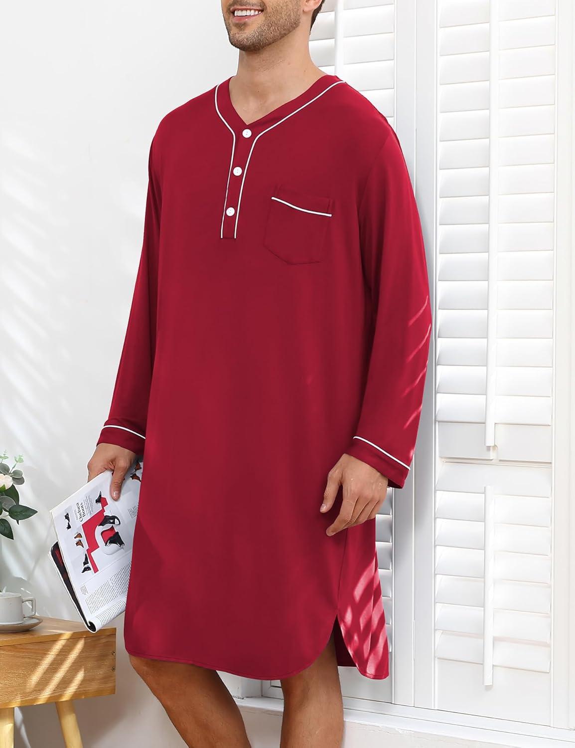 imageSWOMOG Mens Nightshirt Long Sleeve Nightgown Soft Loose Sleepwear Lightweight Nightwear Comfy Henley Sleep Shirt M3XLWine Red