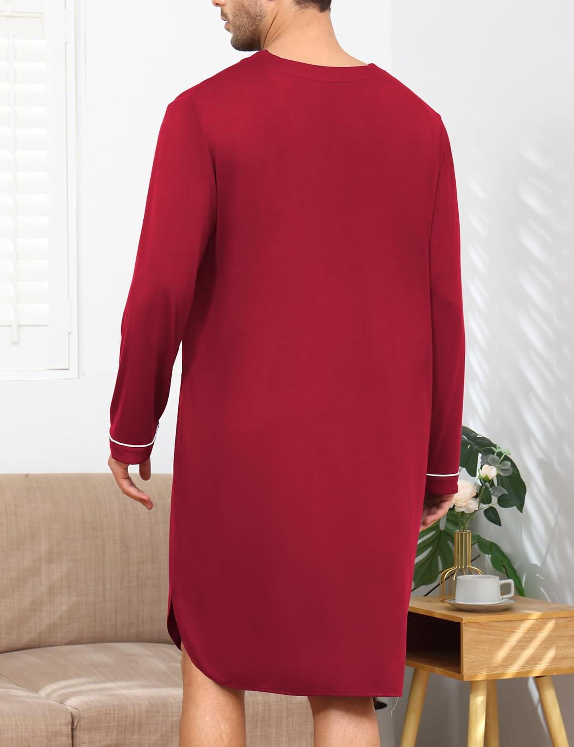 imageSWOMOG Mens Nightshirt Long Sleeve Nightgown Soft Loose Sleepwear Lightweight Nightwear Comfy Henley Sleep Shirt M3XLWine Red