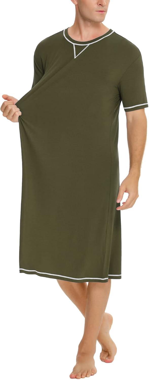 imageSWOMOG Mens Nightshirt Short Sleeve Nightgown Soft Loose Sleepwear Lightweight Nightwear Comfy Henley Sleep Shirt SXXLArmy Green