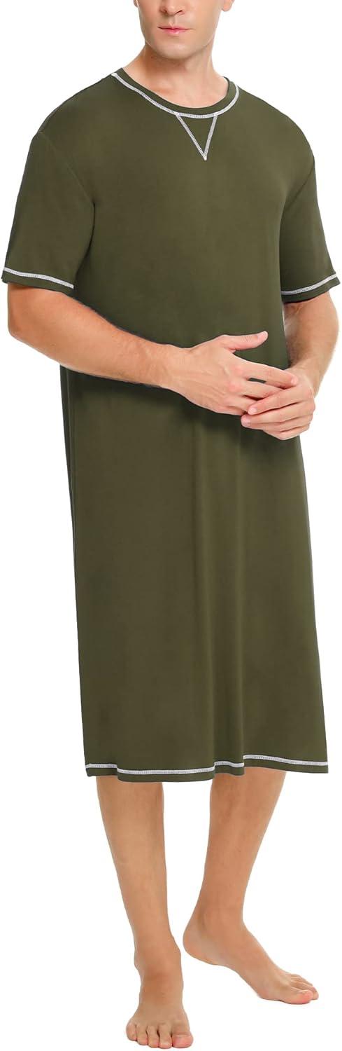imageSWOMOG Mens Nightshirt Short Sleeve Nightgown Soft Loose Sleepwear Lightweight Nightwear Comfy Henley Sleep Shirt SXXLArmy Green