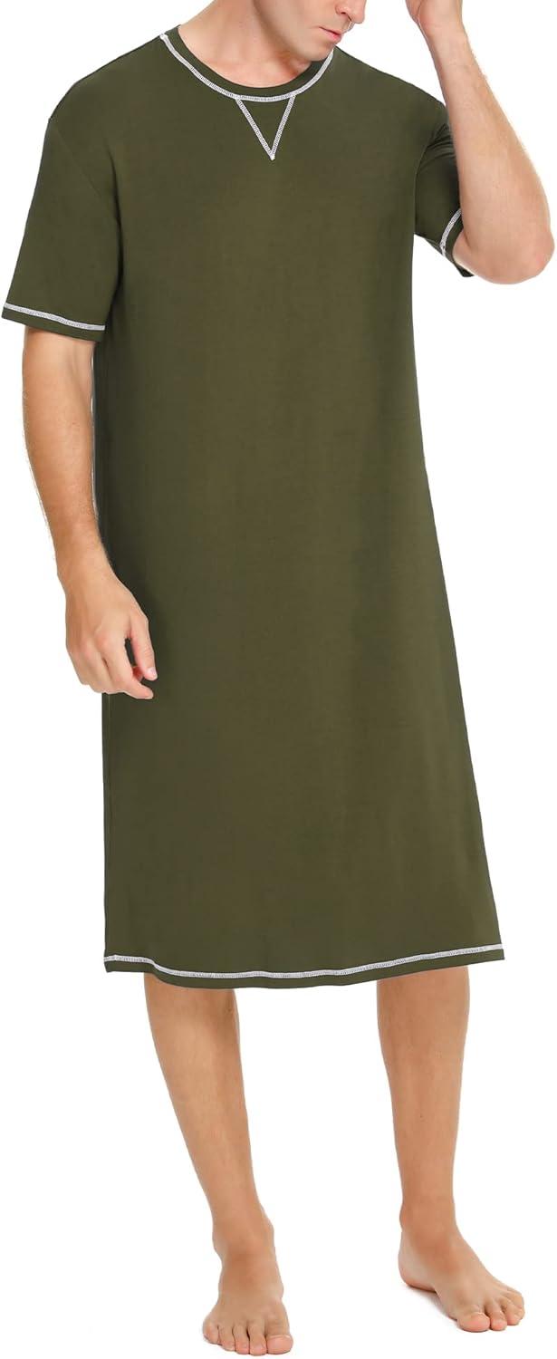 imageSWOMOG Mens Nightshirt Short Sleeve Nightgown Soft Loose Sleepwear Lightweight Nightwear Comfy Henley Sleep Shirt SXXLArmy Green