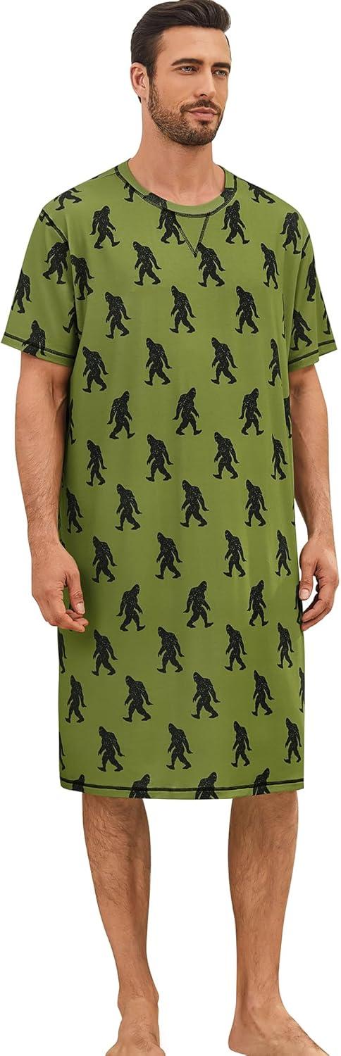 imageSWOMOG Mens Nightshirt Short Sleeve Nightgown Soft Loose Sleepwear Lightweight Nightwear Comfy Henley Sleep Shirt SXXLArmy Green Bigfoot