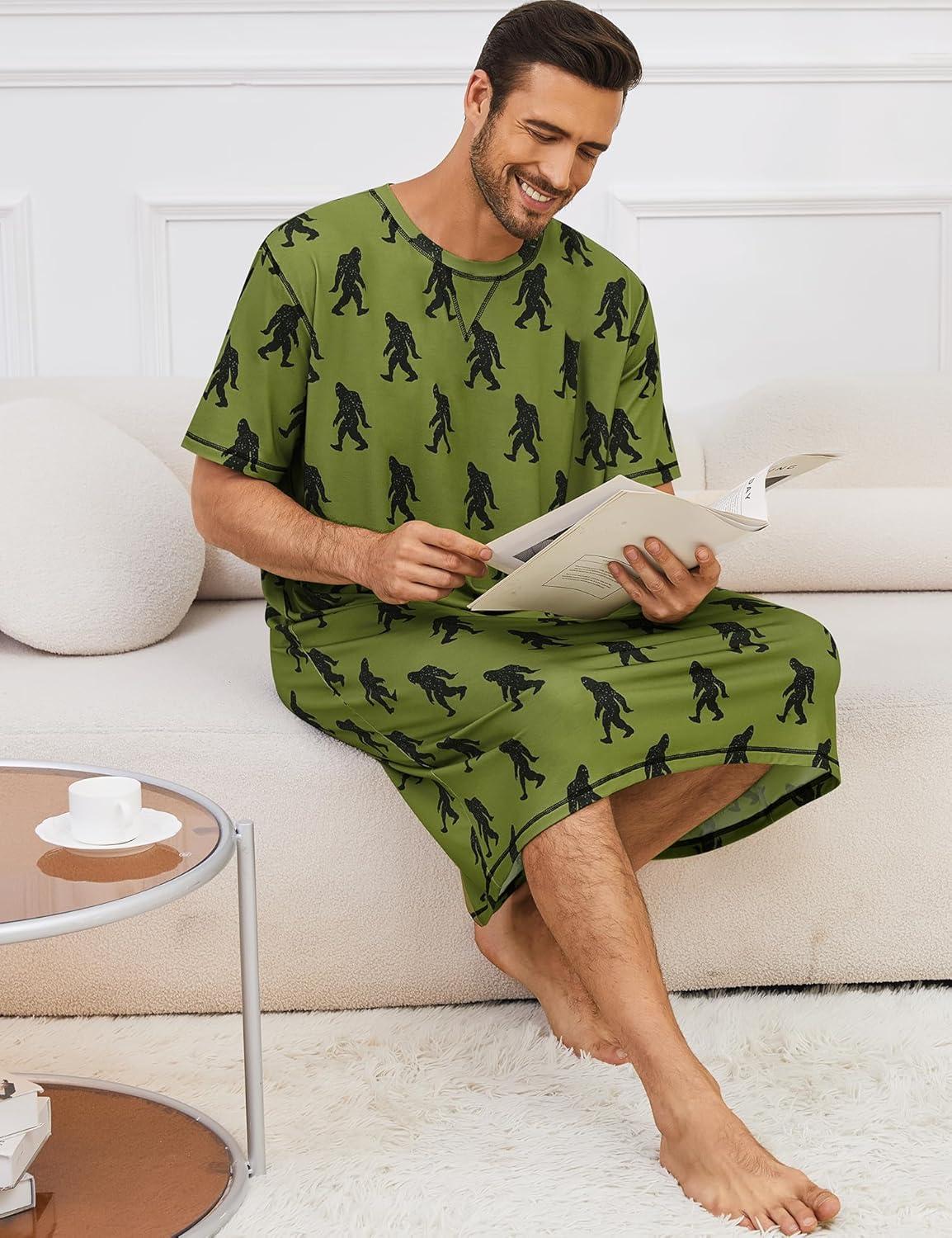 imageSWOMOG Mens Nightshirt Short Sleeve Nightgown Soft Loose Sleepwear Lightweight Nightwear Comfy Henley Sleep Shirt SXXLArmy Green Bigfoot