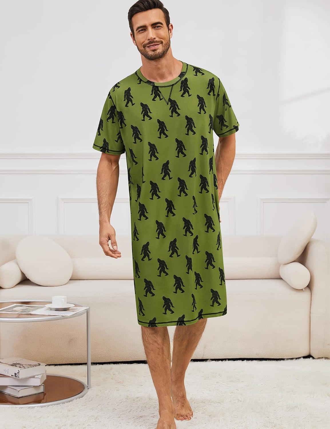 imageSWOMOG Mens Nightshirt Short Sleeve Nightgown Soft Loose Sleepwear Lightweight Nightwear Comfy Henley Sleep Shirt SXXLArmy Green Bigfoot