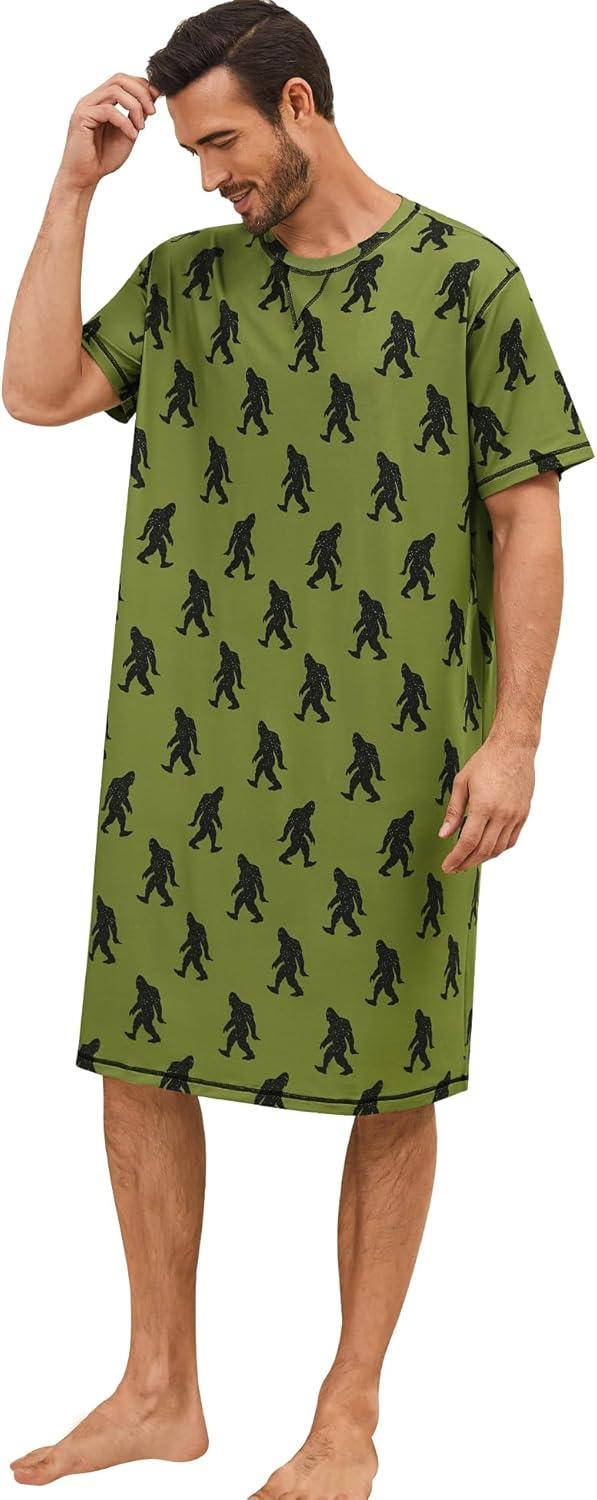 imageSWOMOG Mens Nightshirt Short Sleeve Nightgown Soft Loose Sleepwear Lightweight Nightwear Comfy Henley Sleep Shirt SXXLArmy Green Bigfoot