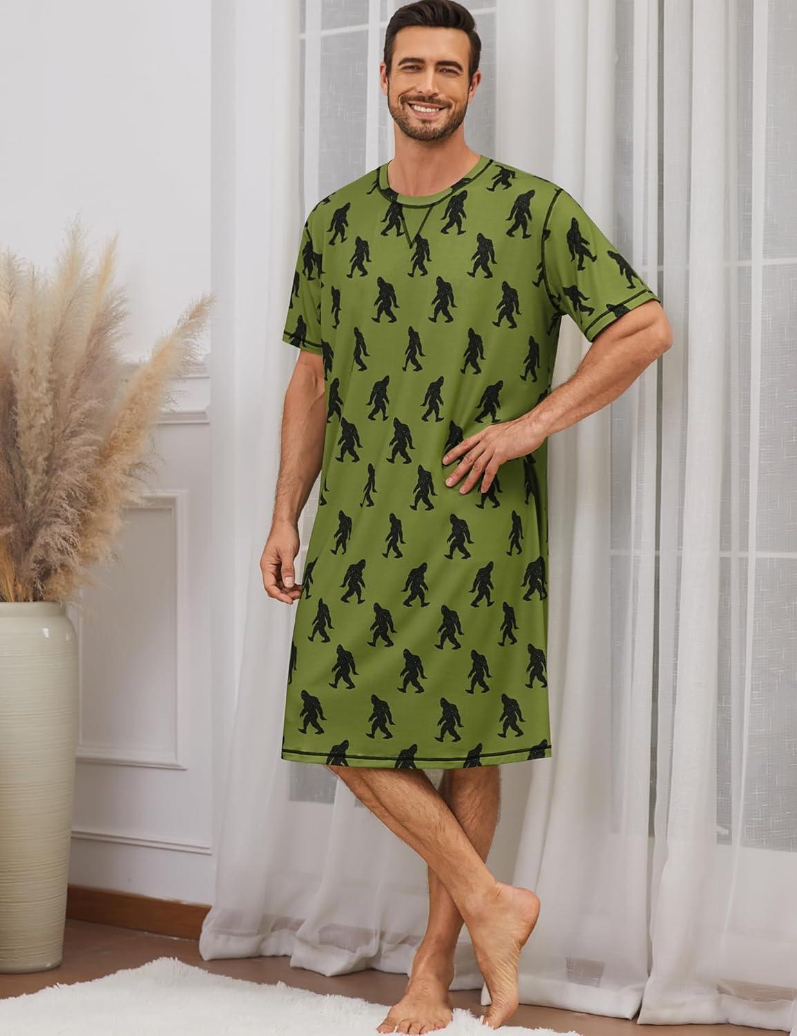 imageSWOMOG Mens Nightshirt Short Sleeve Nightgown Soft Loose Sleepwear Lightweight Nightwear Comfy Henley Sleep Shirt SXXLArmy Green Bigfoot