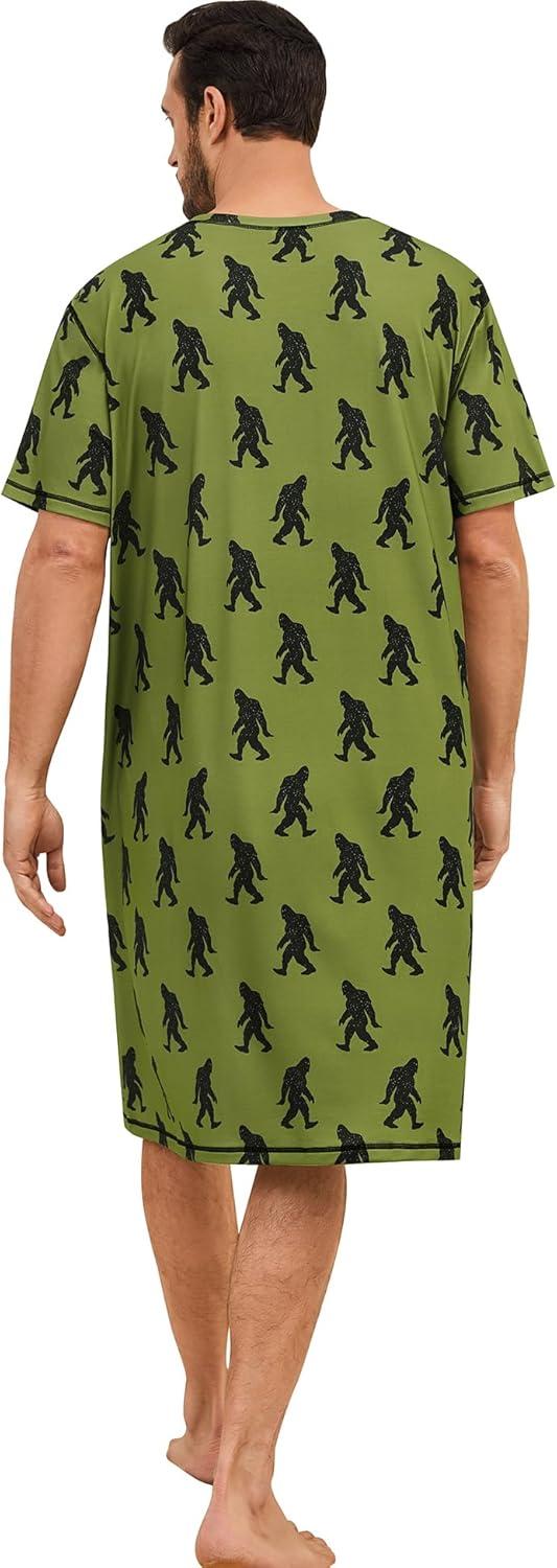 imageSWOMOG Mens Nightshirt Short Sleeve Nightgown Soft Loose Sleepwear Lightweight Nightwear Comfy Henley Sleep Shirt SXXLArmy Green Bigfoot
