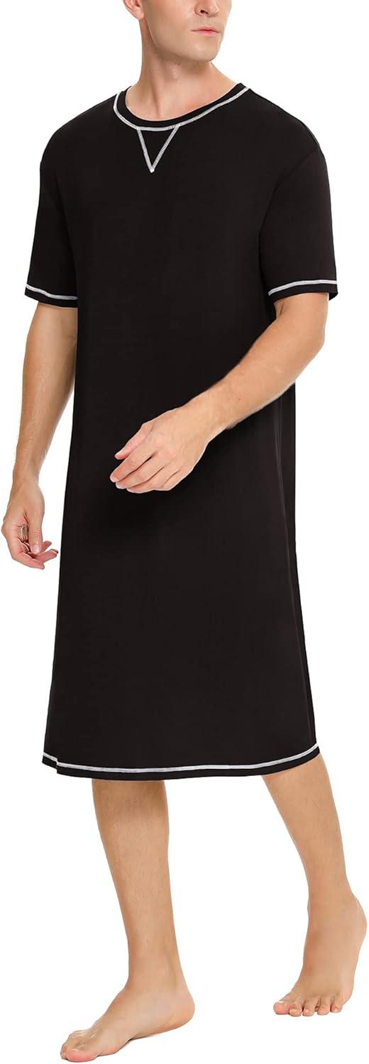 imageSWOMOG Mens Nightshirt Short Sleeve Nightgown Soft Loose Sleepwear Lightweight Nightwear Comfy Henley Sleep Shirt SXXLBlack