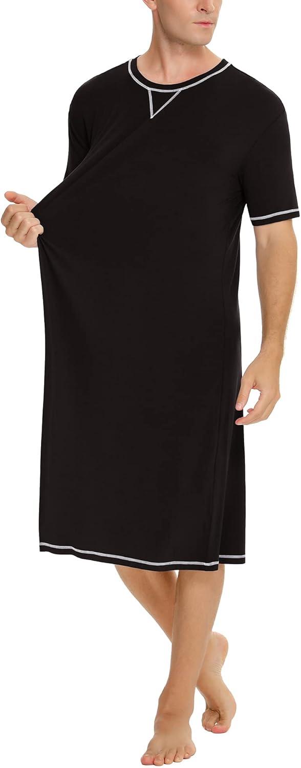 imageSWOMOG Mens Nightshirt Short Sleeve Nightgown Soft Loose Sleepwear Lightweight Nightwear Comfy Henley Sleep Shirt SXXLBlack