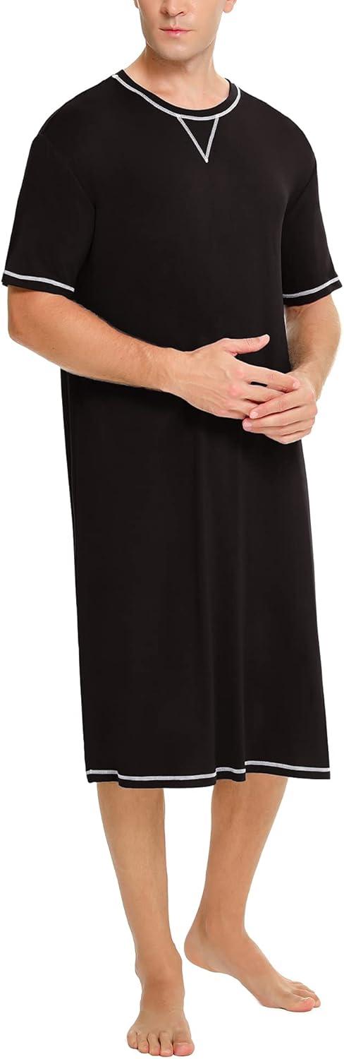 imageSWOMOG Mens Nightshirt Short Sleeve Nightgown Soft Loose Sleepwear Lightweight Nightwear Comfy Henley Sleep Shirt SXXLBlack