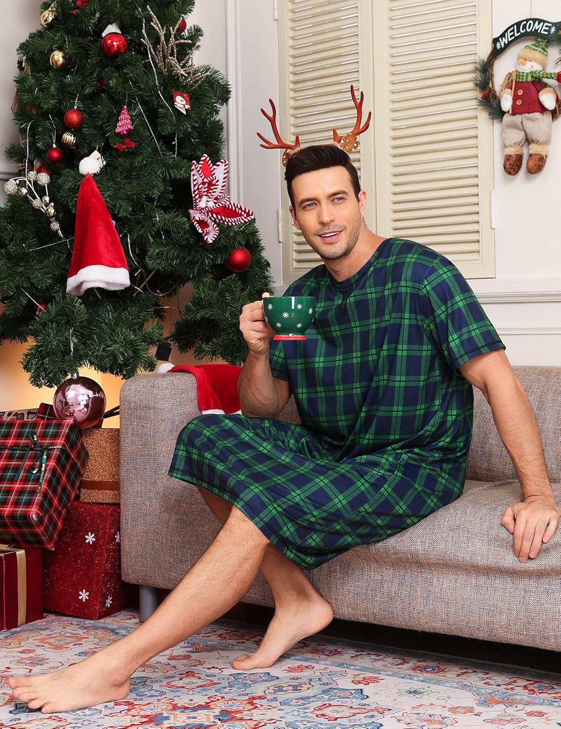 imageSWOMOG Mens Nightshirt Short Sleeve Nightgown Soft Loose Sleepwear Lightweight Nightwear Comfy Henley Sleep Shirt SXXLBlack Green Grid