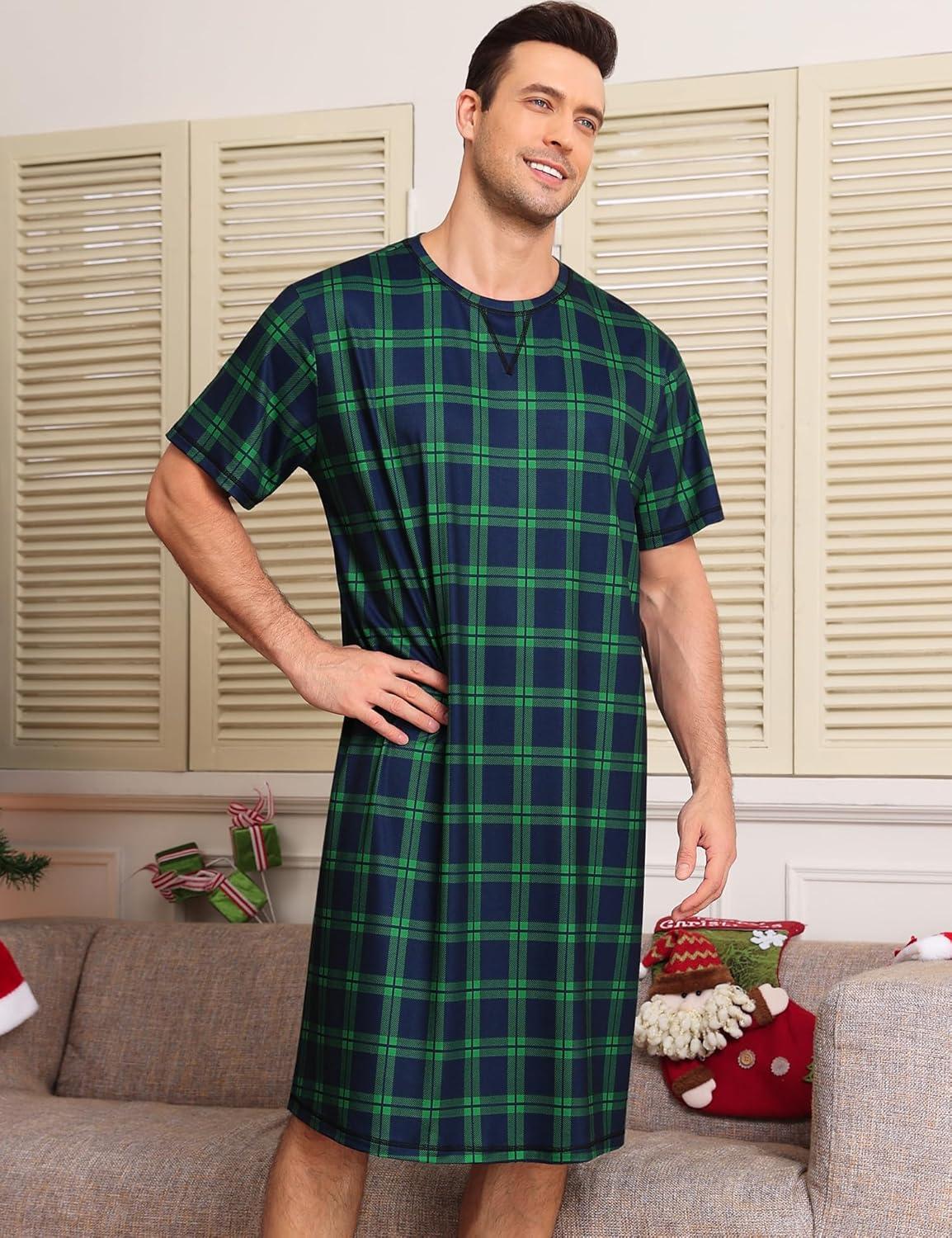imageSWOMOG Mens Nightshirt Short Sleeve Nightgown Soft Loose Sleepwear Lightweight Nightwear Comfy Henley Sleep Shirt SXXLBlack Green Grid