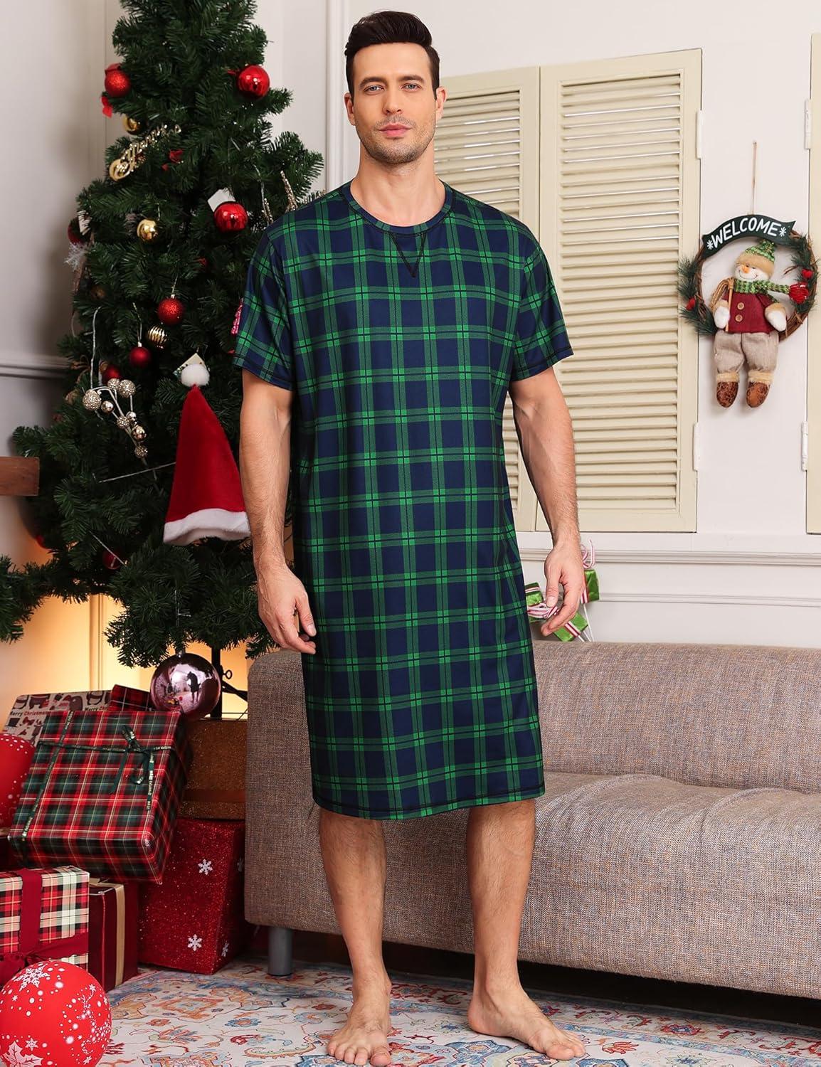 imageSWOMOG Mens Nightshirt Short Sleeve Nightgown Soft Loose Sleepwear Lightweight Nightwear Comfy Henley Sleep Shirt SXXLBlack Green Grid