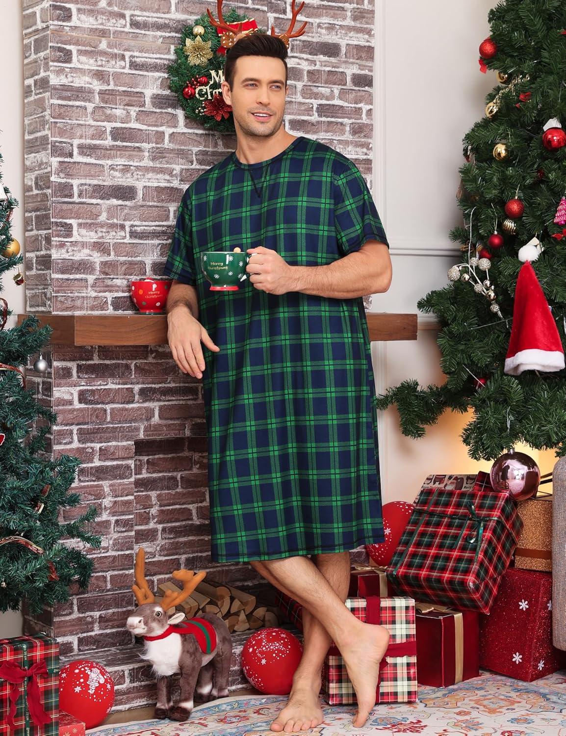 imageSWOMOG Mens Nightshirt Short Sleeve Nightgown Soft Loose Sleepwear Lightweight Nightwear Comfy Henley Sleep Shirt SXXLBlack Green Grid