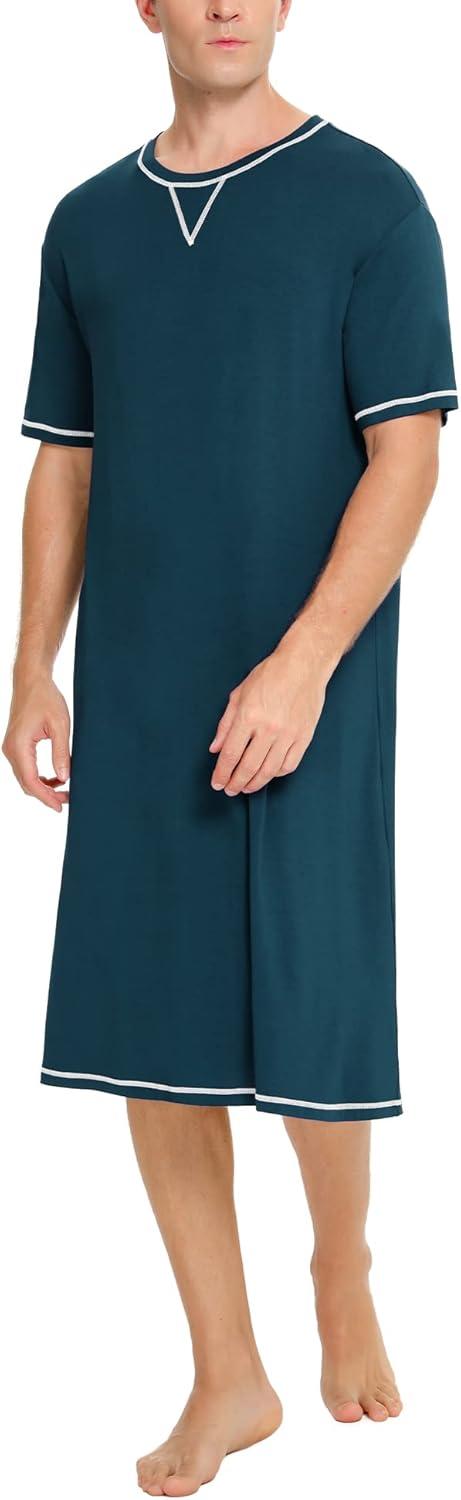 imageSWOMOG Mens Nightshirt Short Sleeve Nightgown Soft Loose Sleepwear Lightweight Nightwear Comfy Henley Sleep Shirt SXXLBlue Green
