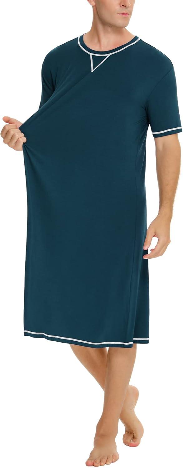 imageSWOMOG Mens Nightshirt Short Sleeve Nightgown Soft Loose Sleepwear Lightweight Nightwear Comfy Henley Sleep Shirt SXXLBlue Green