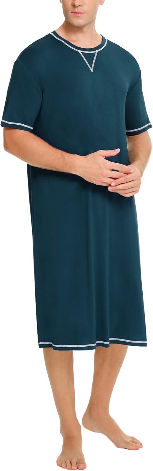 imageSWOMOG Mens Nightshirt Short Sleeve Nightgown Soft Loose Sleepwear Lightweight Nightwear Comfy Henley Sleep Shirt SXXLBlue Green