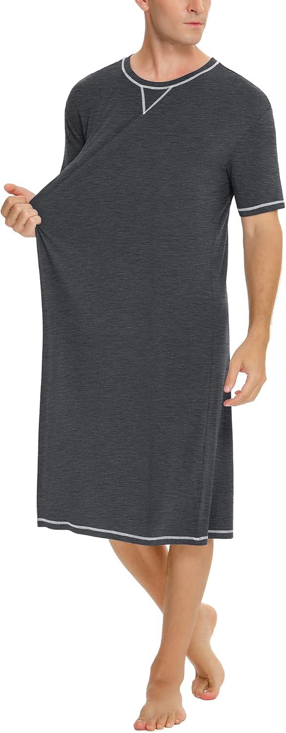 imageSWOMOG Mens Nightshirt Short Sleeve Nightgown Soft Loose Sleepwear Lightweight Nightwear Comfy Henley Sleep Shirt SXXLDeep Grey