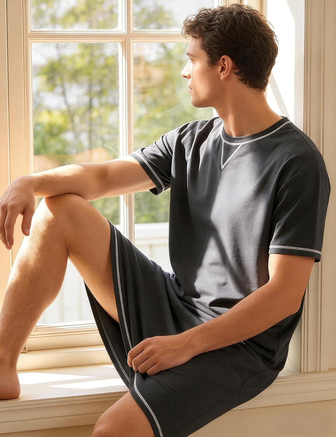 imageSWOMOG Mens Nightshirt Short Sleeve Nightgown Soft Loose Sleepwear Lightweight Nightwear Comfy Henley Sleep Shirt SXXLDeep Grey