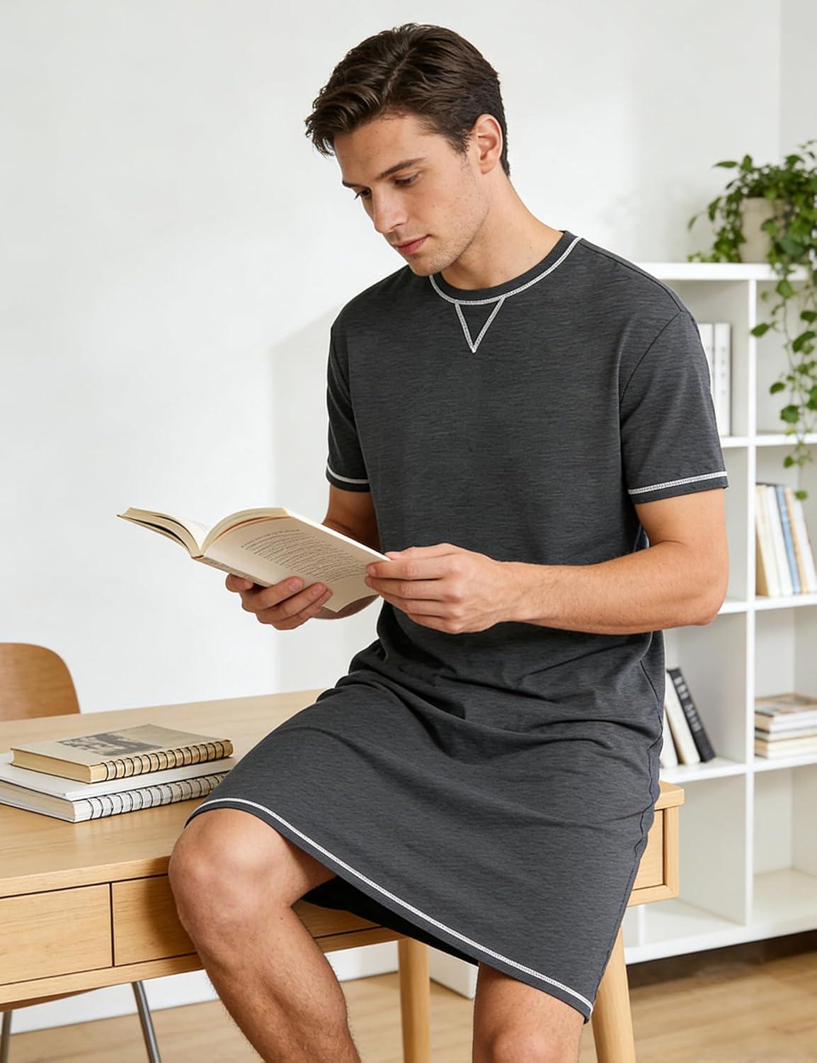imageSWOMOG Mens Nightshirt Short Sleeve Nightgown Soft Loose Sleepwear Lightweight Nightwear Comfy Henley Sleep Shirt SXXLDeep Grey