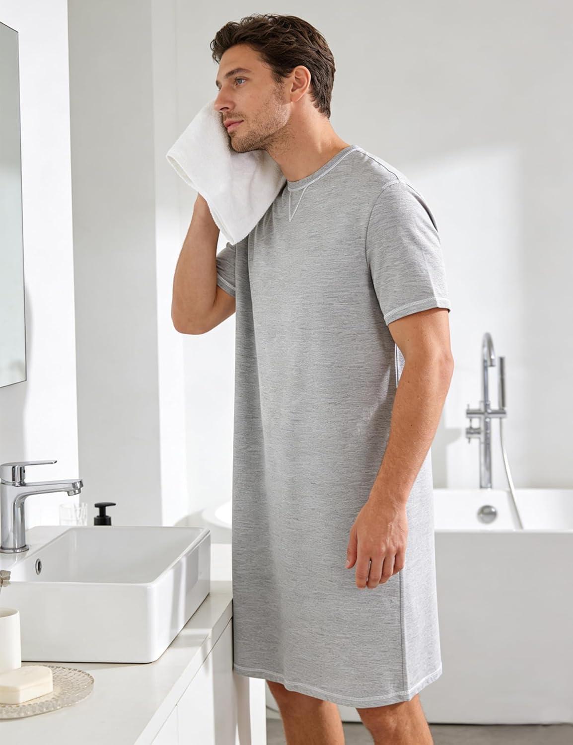 imageSWOMOG Mens Nightshirt Short Sleeve Nightgown Soft Loose Sleepwear Lightweight Nightwear Comfy Henley Sleep Shirt SXXLGrey