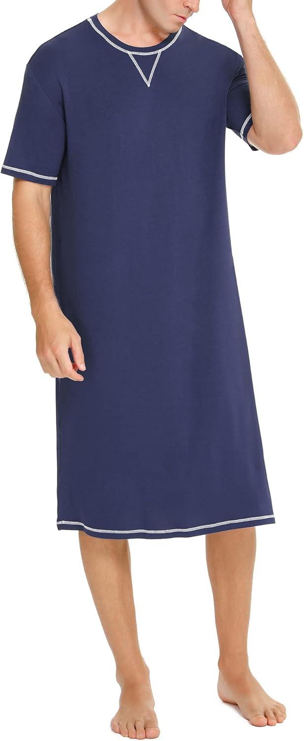 imageSWOMOG Mens Nightshirt Short Sleeve Nightgown Soft Loose Sleepwear Lightweight Nightwear Comfy Henley Sleep Shirt SXXLNavy Blue