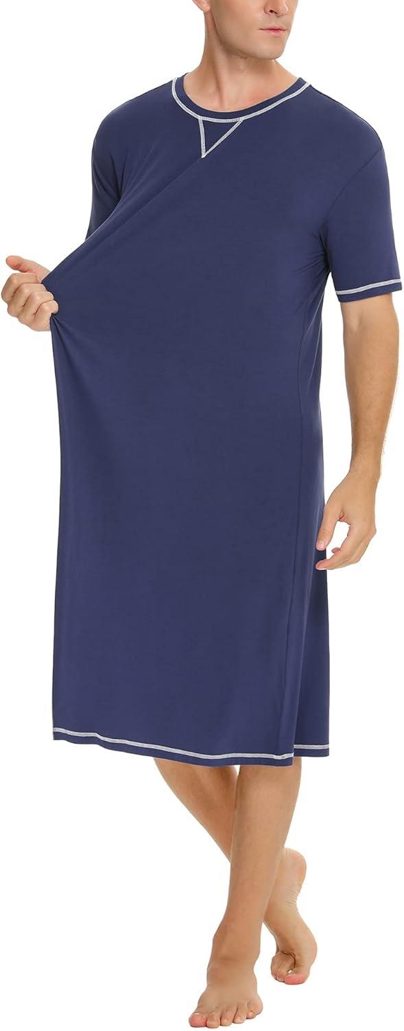 imageSWOMOG Mens Nightshirt Short Sleeve Nightgown Soft Loose Sleepwear Lightweight Nightwear Comfy Henley Sleep Shirt SXXLNavy Blue