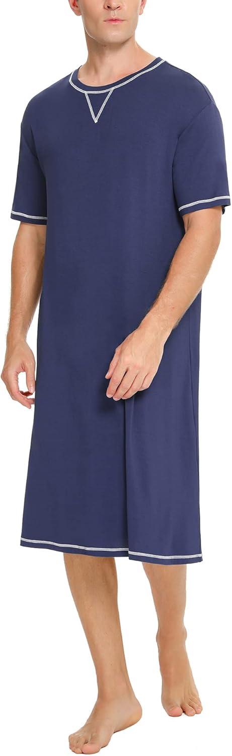 imageSWOMOG Mens Nightshirt Short Sleeve Nightgown Soft Loose Sleepwear Lightweight Nightwear Comfy Henley Sleep Shirt SXXLNavy Blue