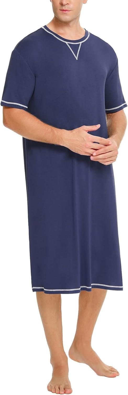 imageSWOMOG Mens Nightshirt Short Sleeve Nightgown Soft Loose Sleepwear Lightweight Nightwear Comfy Henley Sleep Shirt SXXLNavy Blue