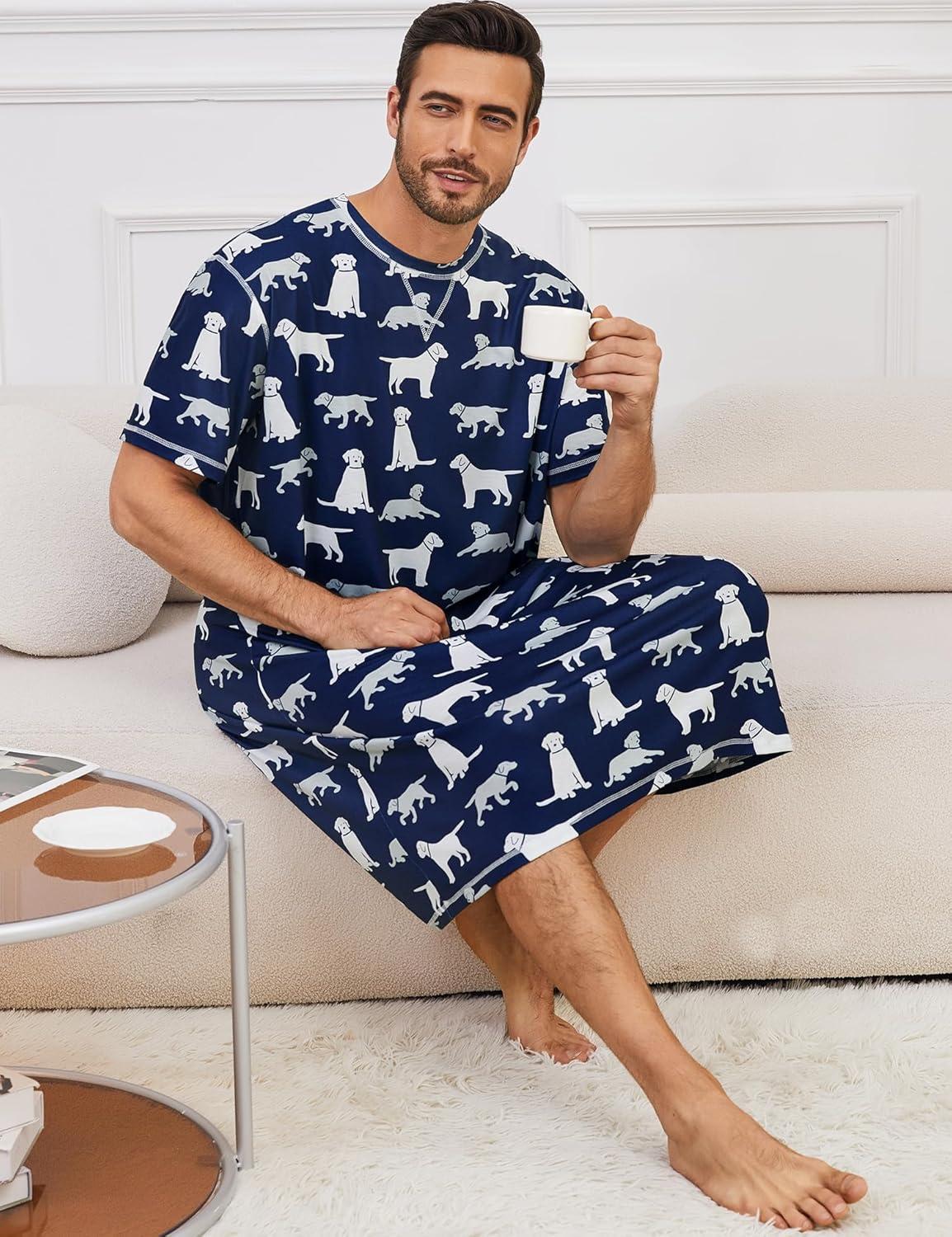 imageSWOMOG Mens Nightshirt Short Sleeve Nightgown Soft Loose Sleepwear Lightweight Nightwear Comfy Henley Sleep Shirt SXXLNavy Blue Dogs