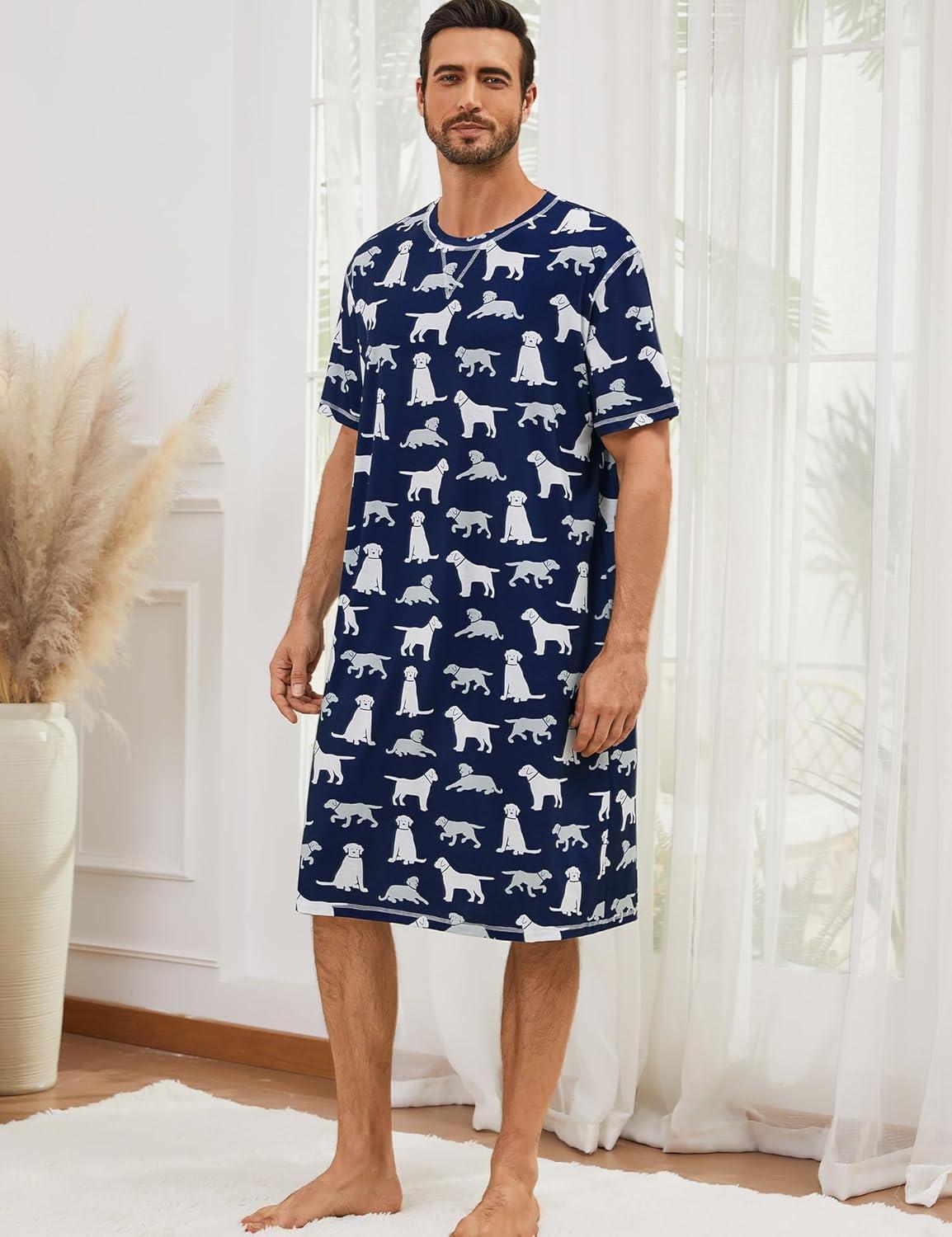 imageSWOMOG Mens Nightshirt Short Sleeve Nightgown Soft Loose Sleepwear Lightweight Nightwear Comfy Henley Sleep Shirt SXXLNavy Blue Dogs