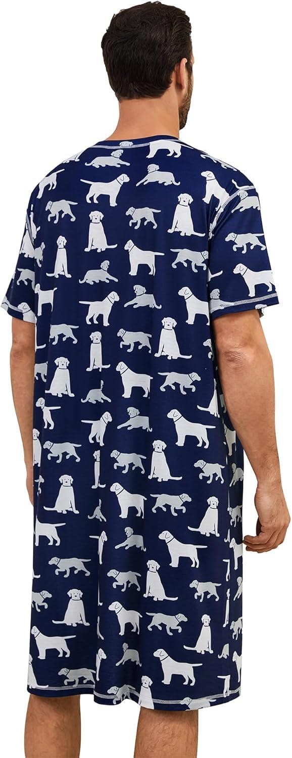 imageSWOMOG Mens Nightshirt Short Sleeve Nightgown Soft Loose Sleepwear Lightweight Nightwear Comfy Henley Sleep Shirt SXXLNavy Blue Dogs