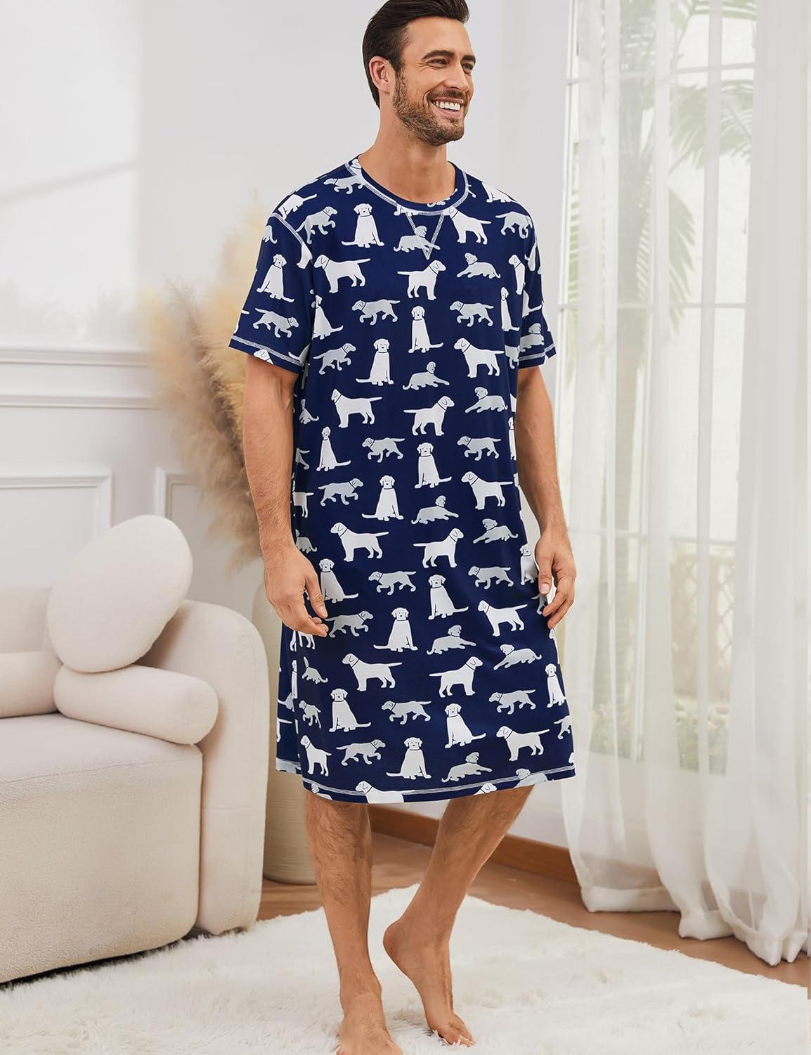 imageSWOMOG Mens Nightshirt Short Sleeve Nightgown Soft Loose Sleepwear Lightweight Nightwear Comfy Henley Sleep Shirt SXXLNavy Blue Dogs