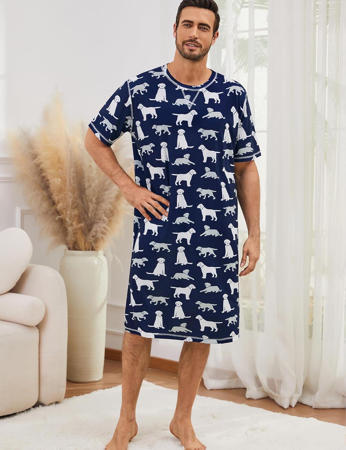 imageSWOMOG Mens Nightshirt Short Sleeve Nightgown Soft Loose Sleepwear Lightweight Nightwear Comfy Henley Sleep Shirt SXXLNavy Blue Dogs