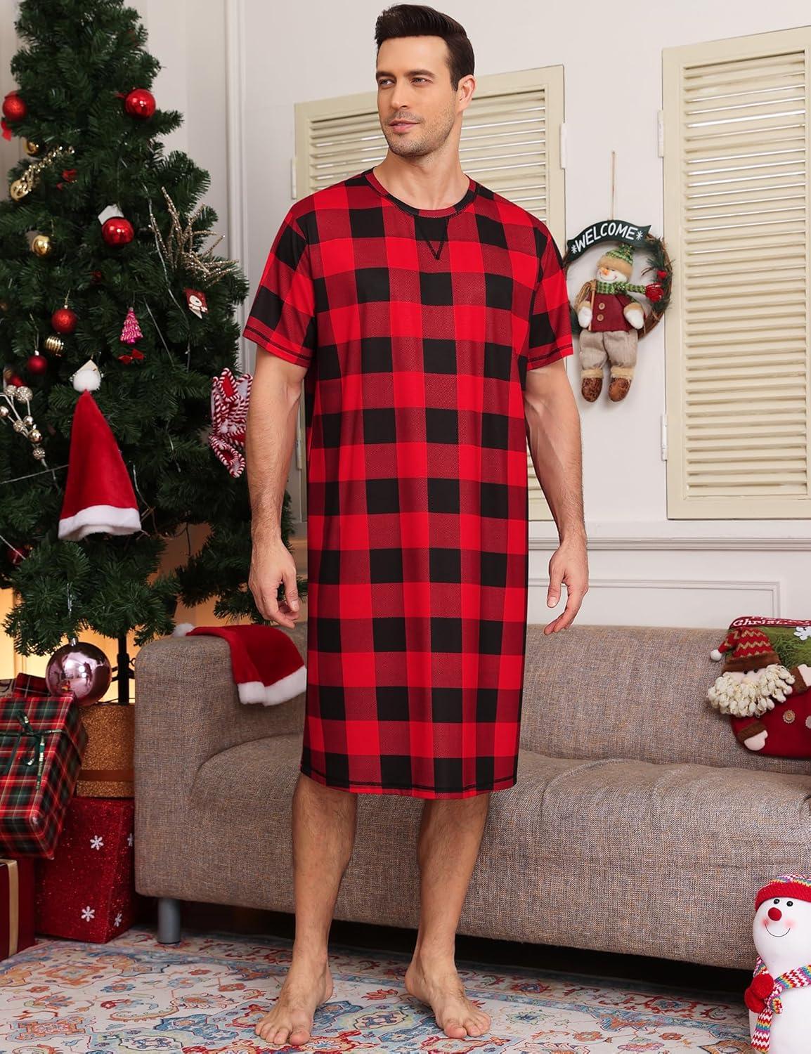 imageSWOMOG Mens Nightshirt Short Sleeve Nightgown Soft Loose Sleepwear Lightweight Nightwear Comfy Henley Sleep Shirt SXXLRed Black Grid