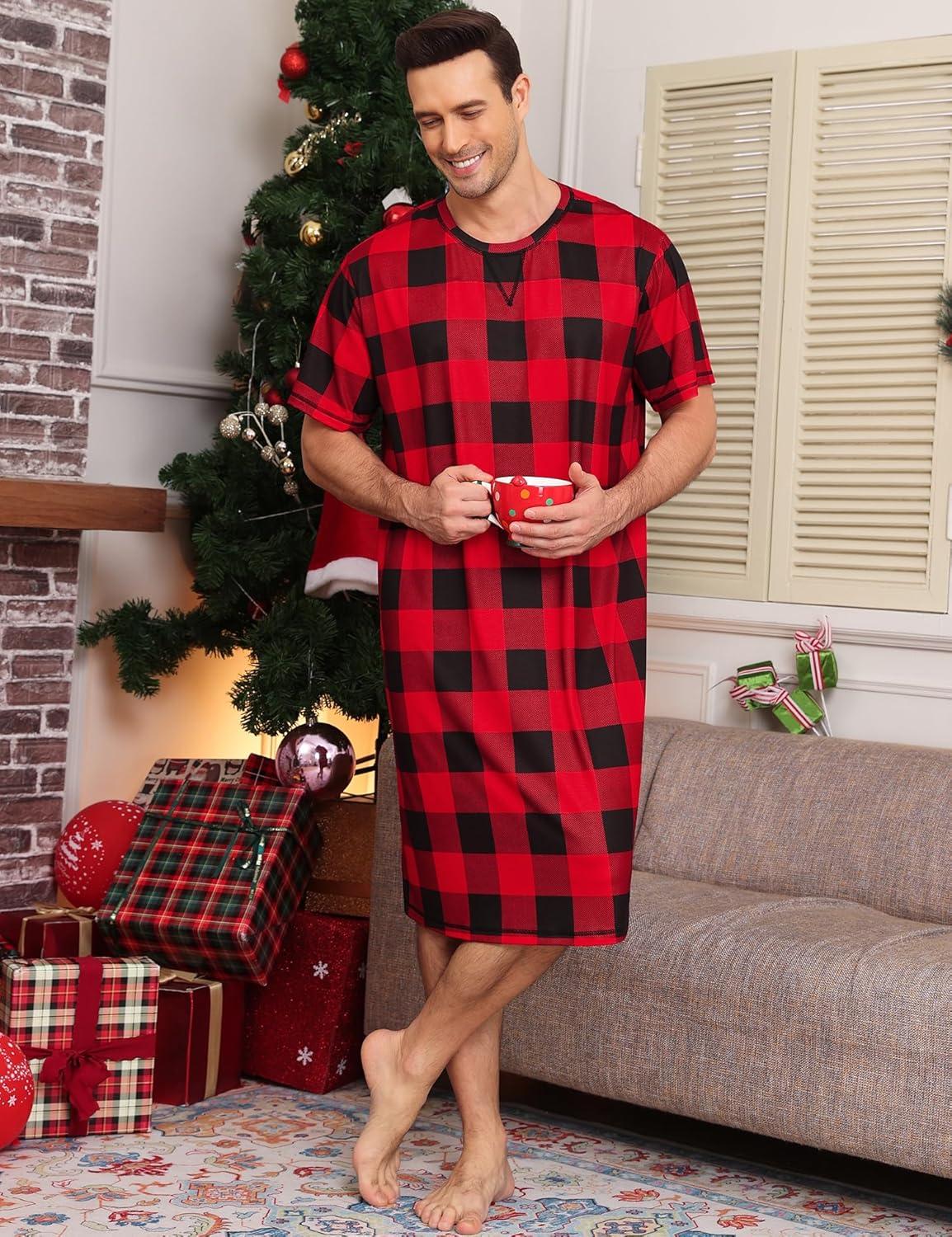 imageSWOMOG Mens Nightshirt Short Sleeve Nightgown Soft Loose Sleepwear Lightweight Nightwear Comfy Henley Sleep Shirt SXXLRed Black Grid