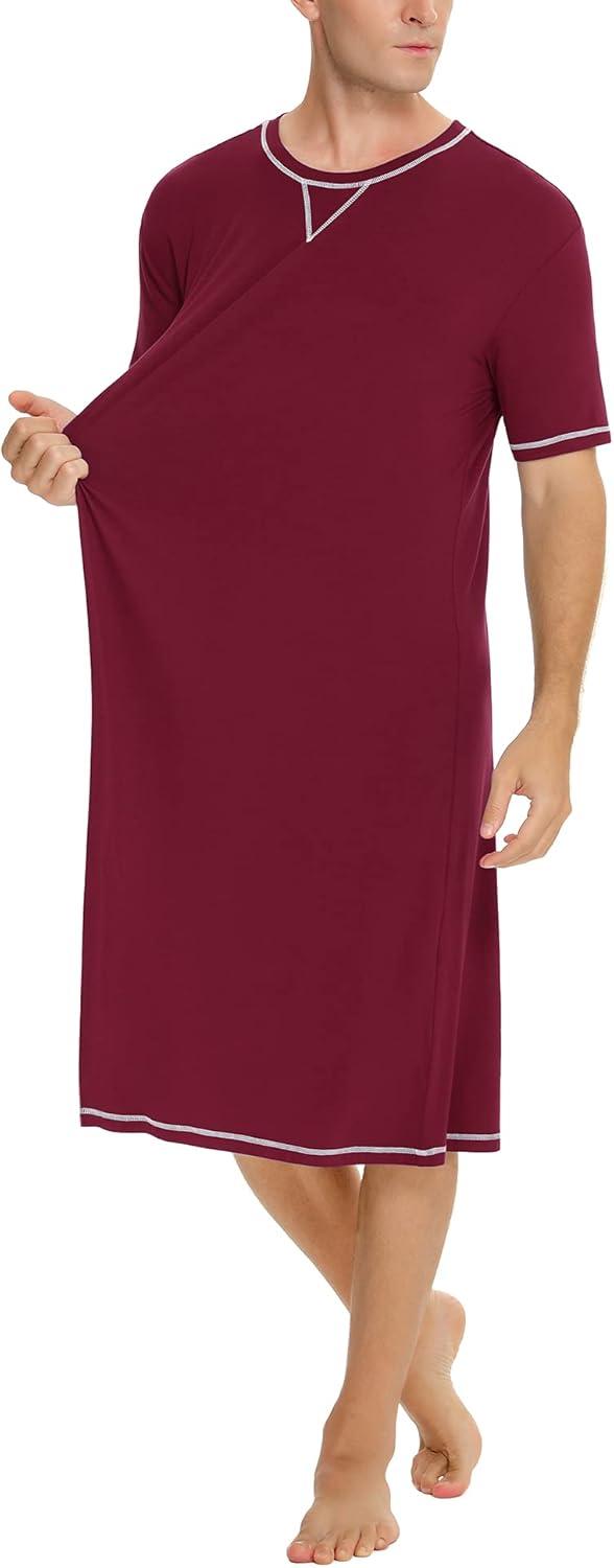 imageSWOMOG Mens Nightshirt Short Sleeve Nightgown Soft Loose Sleepwear Lightweight Nightwear Comfy Henley Sleep Shirt SXXLWine Red