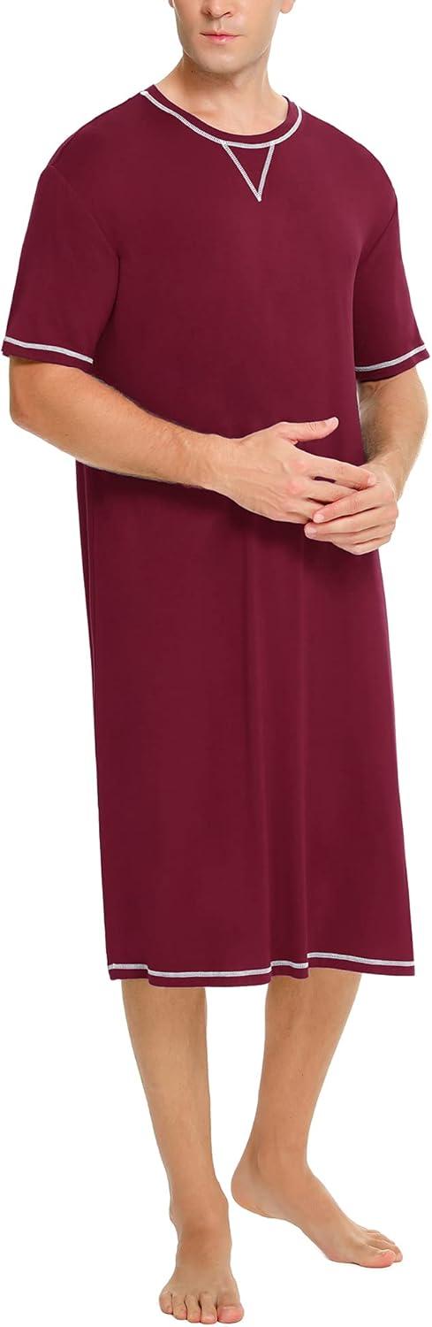 imageSWOMOG Mens Nightshirt Short Sleeve Nightgown Soft Loose Sleepwear Lightweight Nightwear Comfy Henley Sleep Shirt SXXLWine Red