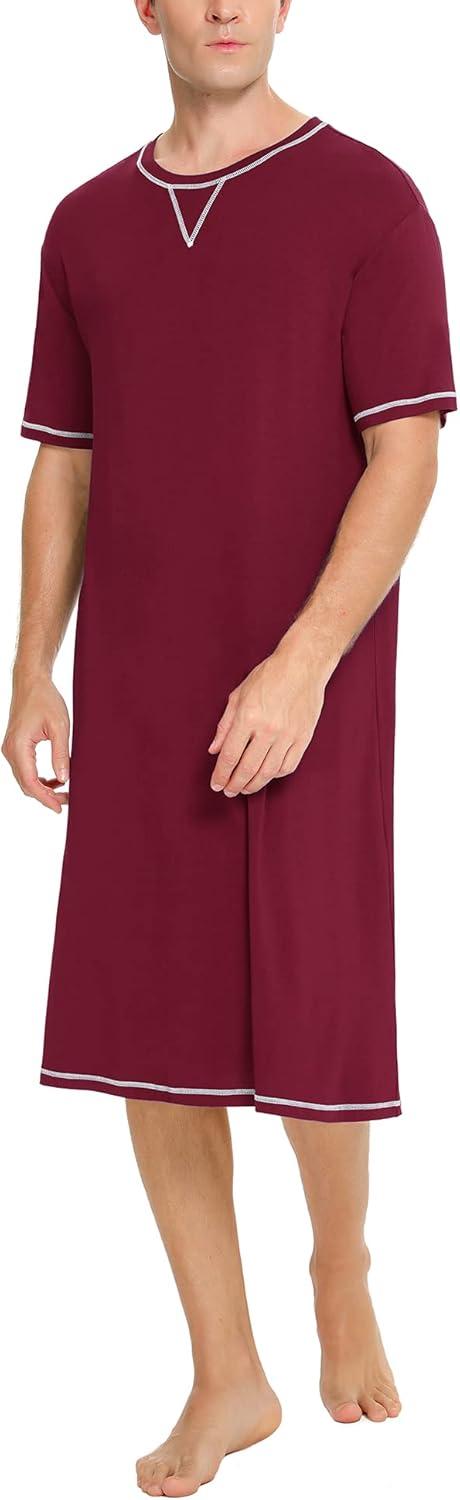 imageSWOMOG Mens Nightshirt Short Sleeve Nightgown Soft Loose Sleepwear Lightweight Nightwear Comfy Henley Sleep Shirt SXXLWine Red