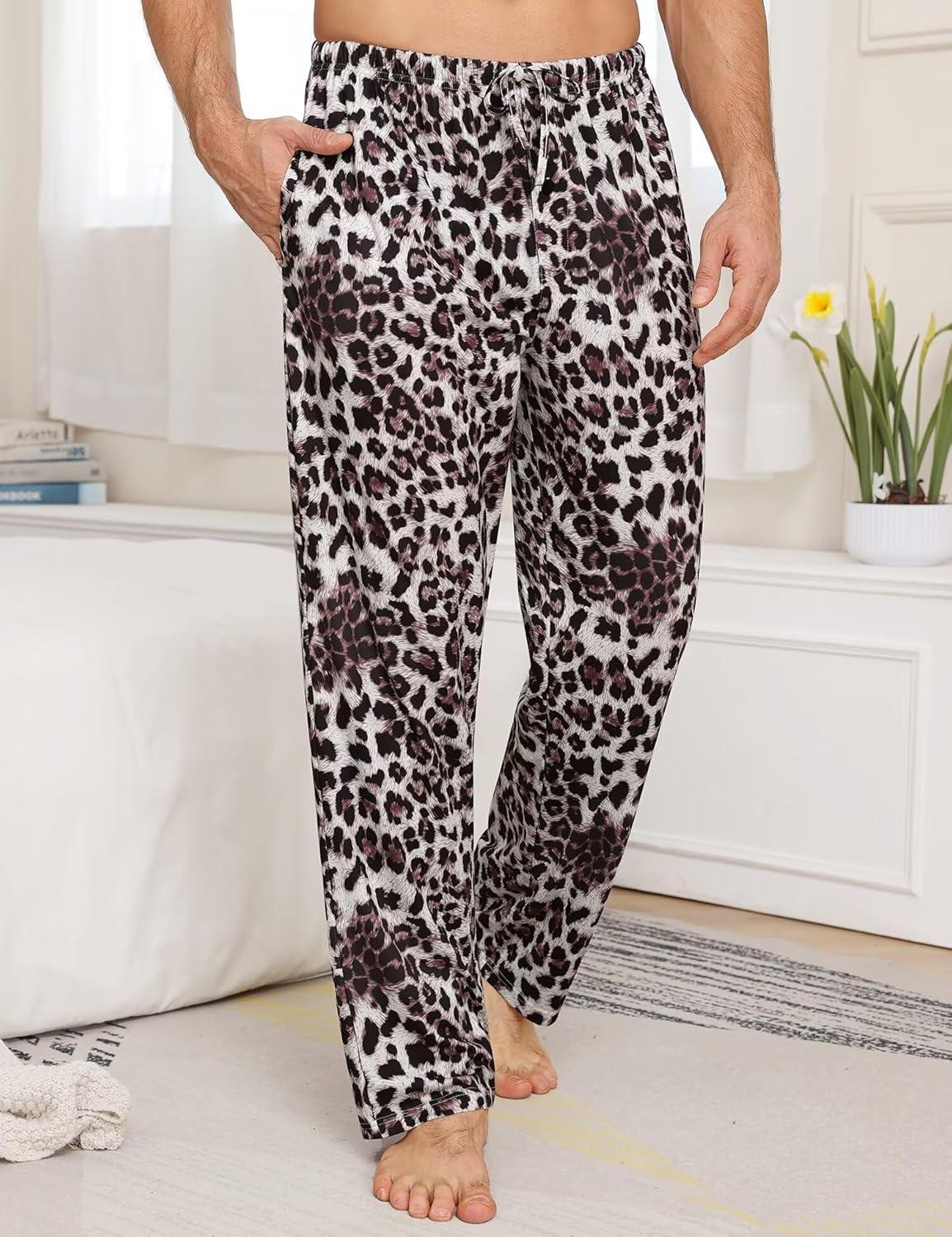 imageSWOMOG Mens Pajama Pants Soft Sleepwear Pant Lounge Pj Bottoms with Drawstring amp Button Fly amp PocketsGrey Leopard Print