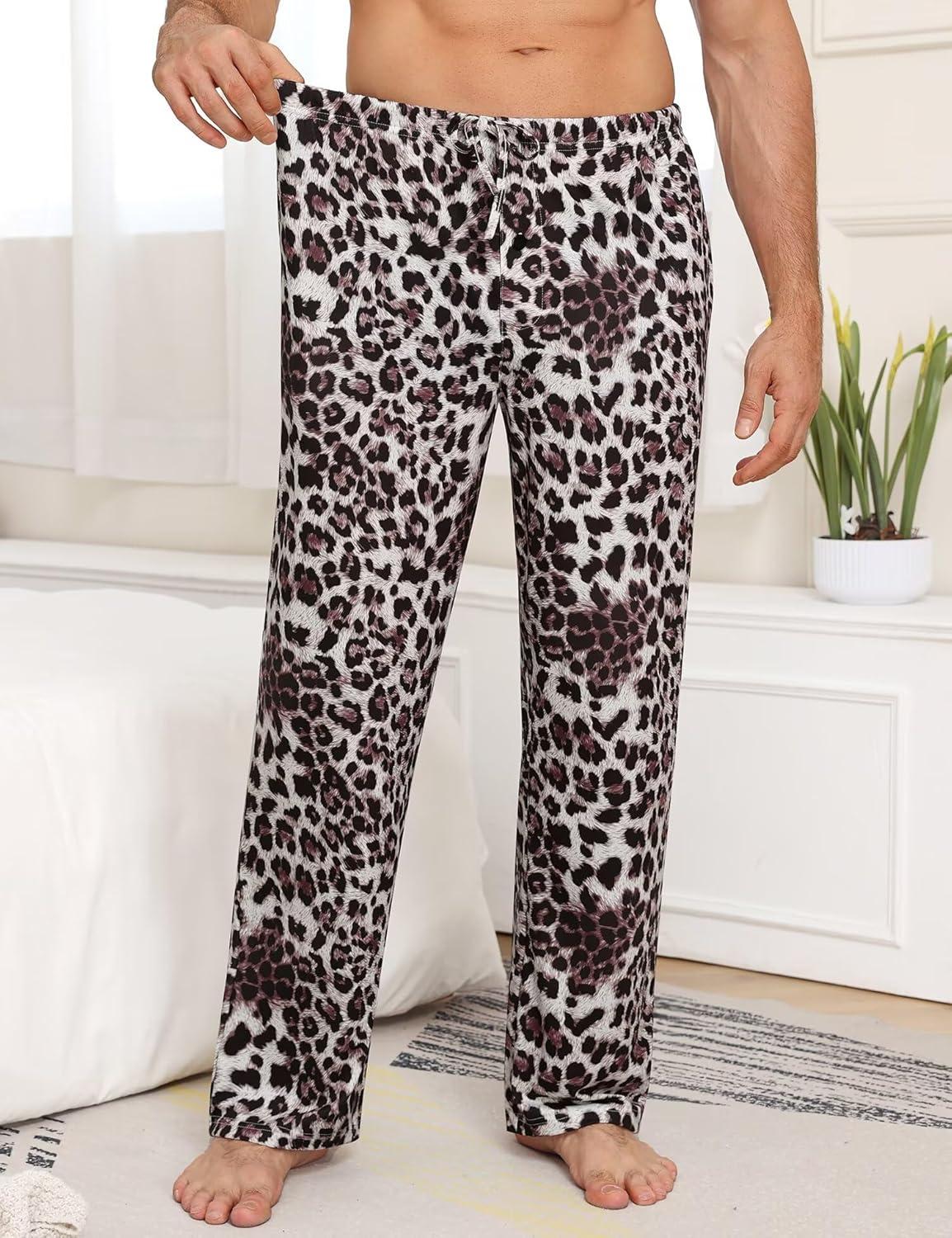 imageSWOMOG Mens Pajama Pants Soft Sleepwear Pant Lounge Pj Bottoms with Drawstring amp Button Fly amp PocketsGrey Leopard Print