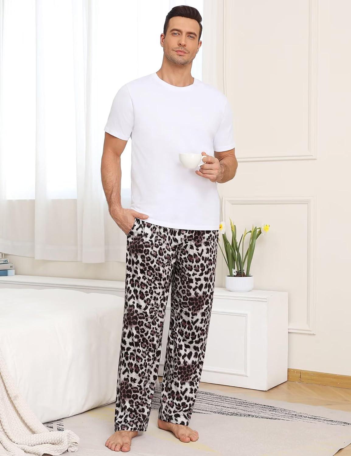 imageSWOMOG Mens Pajama Pants Soft Sleepwear Pant Lounge Pj Bottoms with Drawstring amp Button Fly amp PocketsGrey Leopard Print