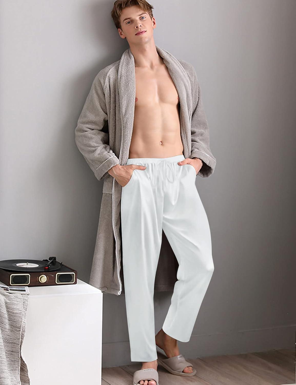 imageSWOMOG Mens Satin Silk Pajama Pant Long Pj Bottoms Soft Lounge Sleep Pants with Pockets amp DrawstringA White