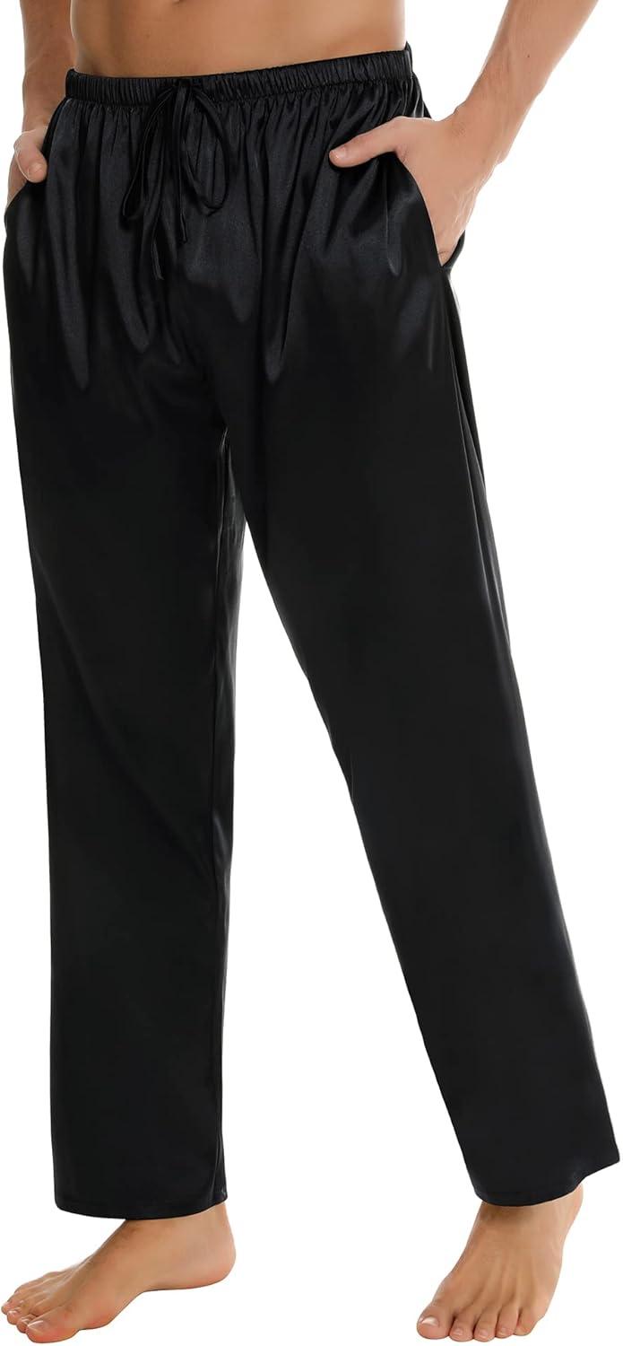 imageSWOMOG Mens Satin Silk Pajama Pant Long Pj Bottoms Soft Lounge Sleep Pants with Pockets amp DrawstringBlack