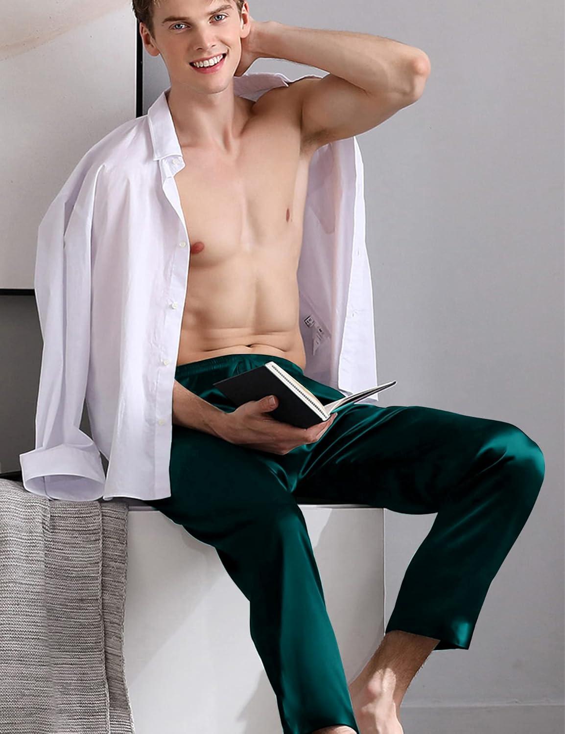 imageSWOMOG Mens Satin Silk Pajama Pant Long Pj Bottoms Soft Lounge Sleep Pants with Pockets amp DrawstringDeep Green