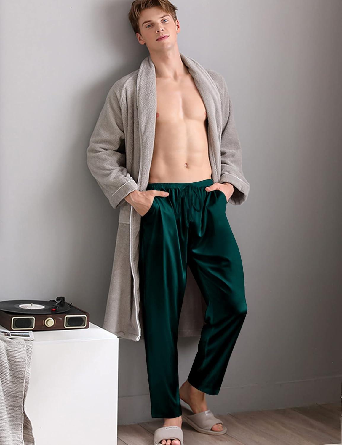 imageSWOMOG Mens Satin Silk Pajama Pant Long Pj Bottoms Soft Lounge Sleep Pants with Pockets amp DrawstringDeep Green