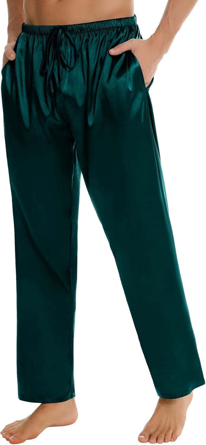 imageSWOMOG Mens Satin Silk Pajama Pant Long Pj Bottoms Soft Lounge Sleep Pants with Pockets amp DrawstringDeep Green