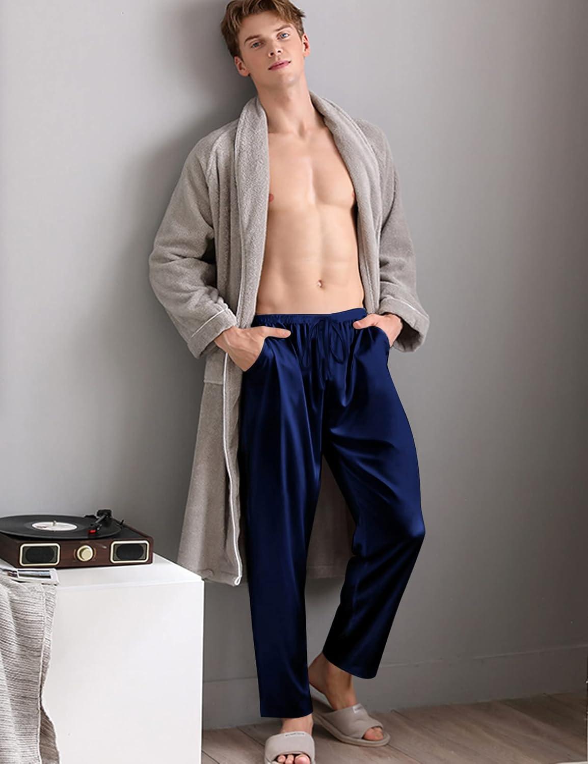imageSWOMOG Mens Satin Silk Pajama Pant Long Pj Bottoms Soft Lounge Sleep Pants with Pockets amp DrawstringDeep Navy Blue